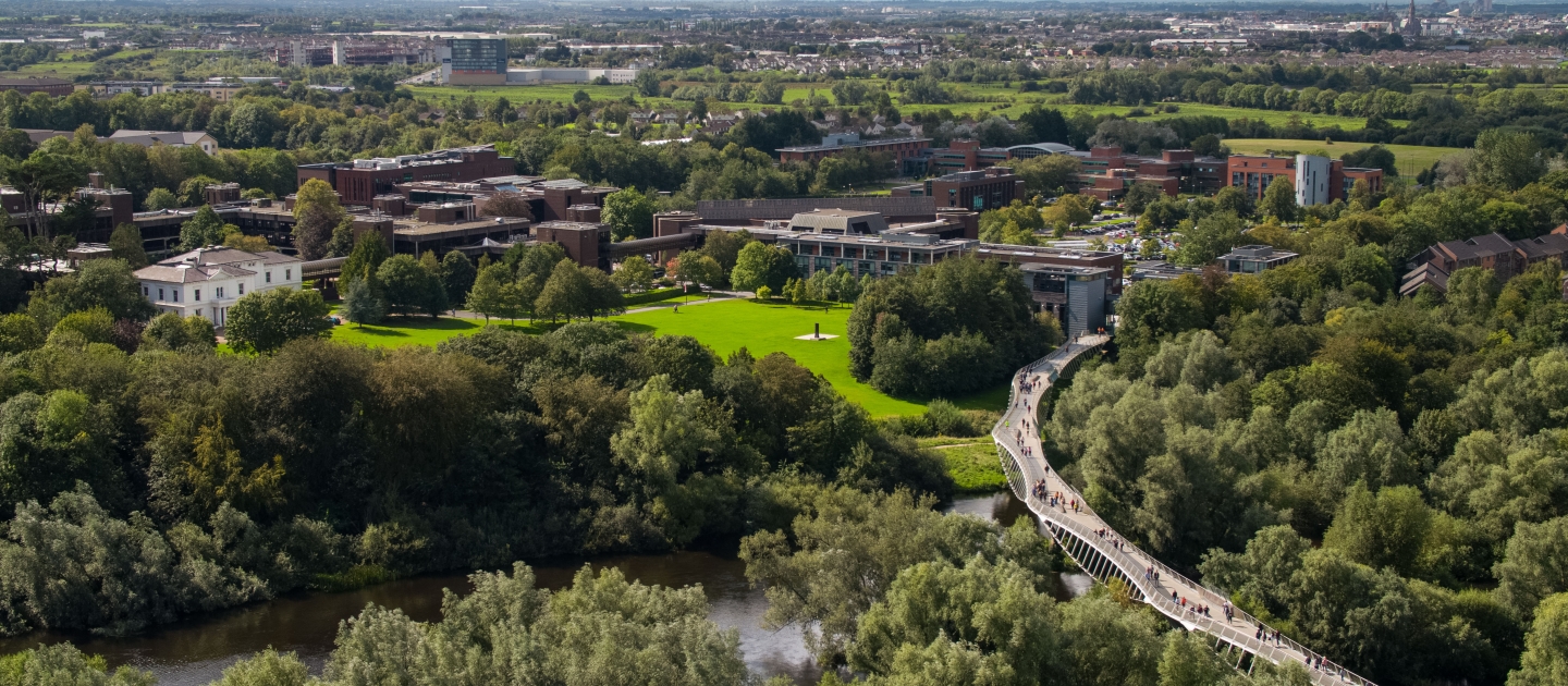 UL campus aerial view of living bridge and plassey house