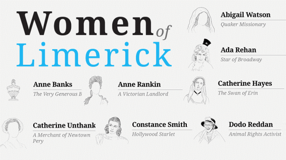 Women of Limerick listed along with illustrations including Anne Banks, Anne Rankin, Catherine Hayes, Ada Rehan, Abigail Watson