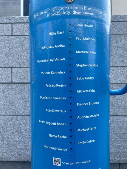 A close-up picture of the Poetry Jukebox, with the list of poets that are featured on display