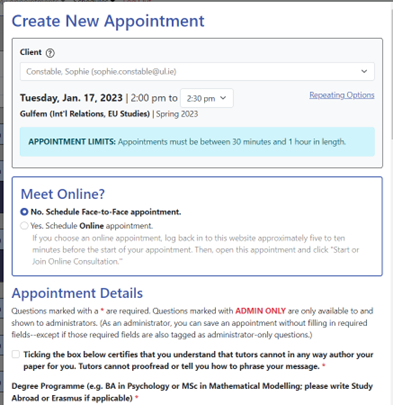 create a new appointment wconline