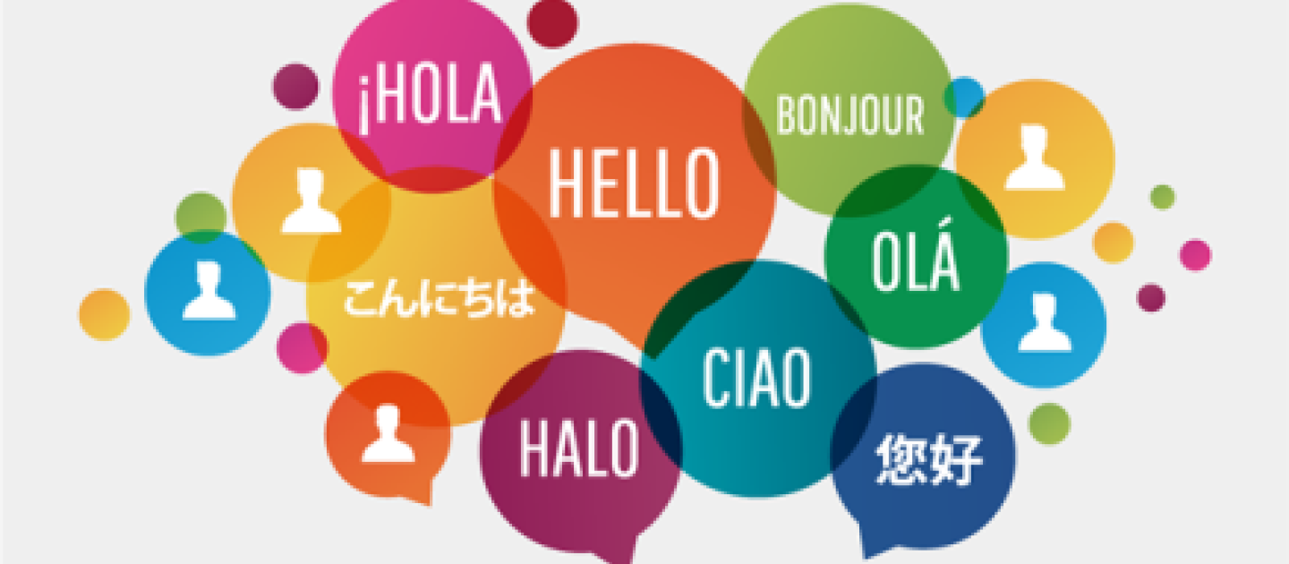 speech bubbles with hello in seven different languages 