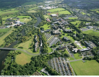 An aerial shot of the UL campus with the river Shannon flowing through it.