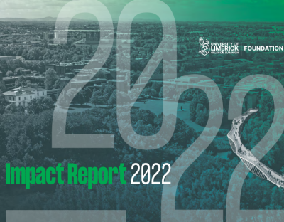 An Image of the front of the ULF Impact Report.  The graphic is green with an aerial view of the UL campus in the background and 2022 in large lettering in the foreground.  The words Impact Report are at the bottom of the Image in green text with 2022 in white text. 