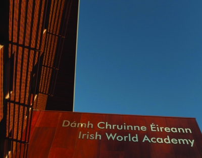 Lettering reads Irish World Academy