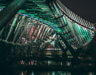 The living bridge lit up at night
