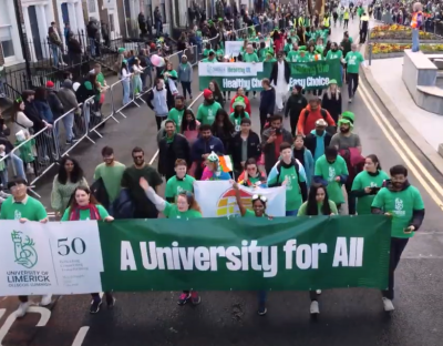 UL staff and students marching in the St. Patrick's Day Parade. 