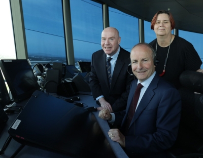 A group picture of UL President Kerstin Mey with Tánaiste Micheál Martin and Air Nav CEO Peter Kearney in Dublin Airport Control Tower