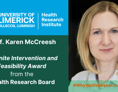HRI logo on a blue background, Karen McCreesh headshot with the caption 'Prof. Karen McCreesh  Definite Intervention and Feasibility Award  from the  Health Research Board'