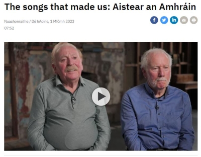 Text reads "The songs that made us: Aistear an Amhráin" with image of two men below and play button in the middle