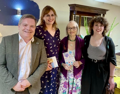 L-R Irish Times journalist, Ronan McGreevy (MC) with poets Emily Cullen, Mary Guckian & Roisin Kelly at the 2023 Drumshanbo Written Word Festival 24 August, Drumshanbo, Co. Leitrim
