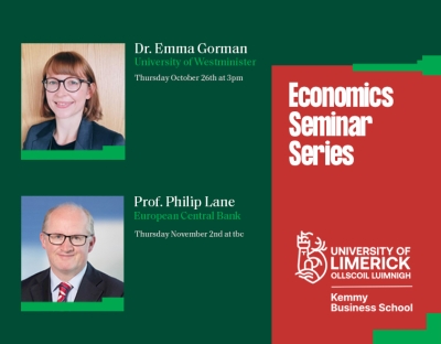 Info graphic with headshots of guest lecturers Dr. Emma Gorman and Prof. Philip Lane