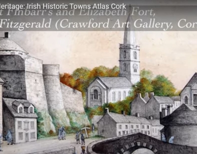 Screenshot from the video mentioned in the story showing a drawing of the town with the words "historic atlas of Irish towns"