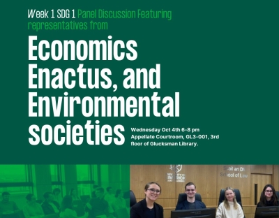 Promotional poster for the SDG 1 panel discussion featuring Economics, Enactus, and Environmental societies