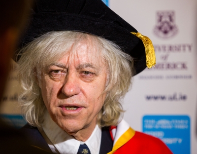 A file image of Sir Bob Geldof in academic robes, speaking to media at UL