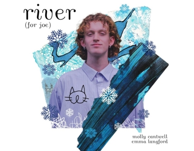 Text reads - River (for Joe). Image of Joe Drennan with cat doodle and teal paint surrounding him. 