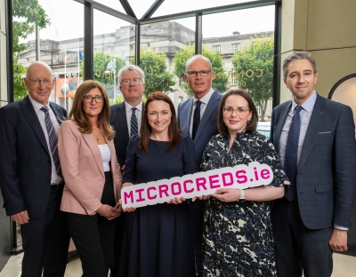 Pictured at the launch of MircoCreds.ie launch in July 2023. Jim Miley, Director General of IUA, Ger Carroll, University of Limerick, Professional Education Manager, Daire Keogh, President, DCU, Jools O’Connor, IUA MicroCreds Project Lead, Simon Coveney - Minister for Enterprise, Trade and Employment, Dr Emma Francis, Senior Project Officer for MicroCreds and Simon Harris, Minister for Further and Higher Education, Research, Innovation and Science