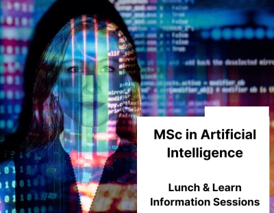 Image data projected on woman with text Lunch & Learn Information sessions for the Masters in Artificial Intelligence