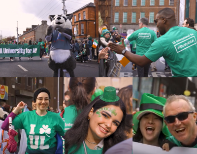 Collage of images of UL participation in 2023 St. Patrick's Day Parade in Limerick