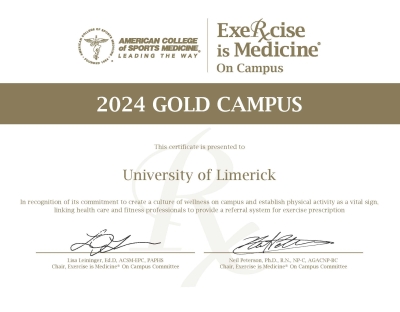 Gold Campus Recognition Cert for UL's Exercise is Medicine On Campus Program