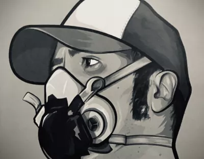 Cartoon of steve ryan with oxygen/gas mask on