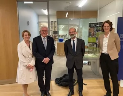 The German President Frank-Walter Steinmeier and his wife Ms. Elke Büdenbender with joint founders of the Centre for Irish-German Studies, Prof Joachim Fischer and Prof Gisela Holfter 