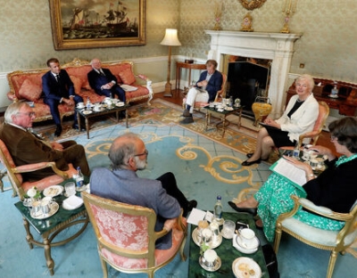 French president Emmanuel Macron with President Michael D Higgins and from left:  Dr Paul Gillespie, UCD; Professor Joachim Fischer, University of Limerick; Professor Richard Kearney, Boston College; Catherine Day, former secretary general of the European Commission; and Doireann Ní Bhriain, broadcaster and journalist. Picture: Maxwells