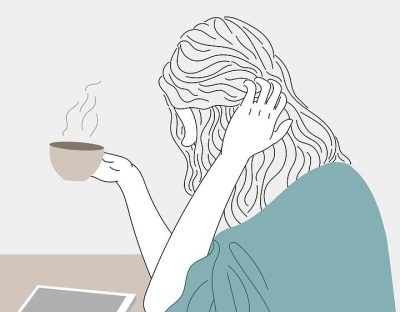 Illustration of a woman scratching her head while holding a cup of coffee and staring down at a tablet computer on a desk.