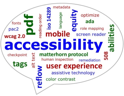 Word cloud containing words associated with accessibility.