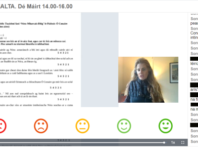 Montage of a screen capture of a UL live lecture where students and lecturer are discussing Irish language literature with an iconic version of the Likert scale. The five faces placed across the background image are often used in customer satisfaction surveys.