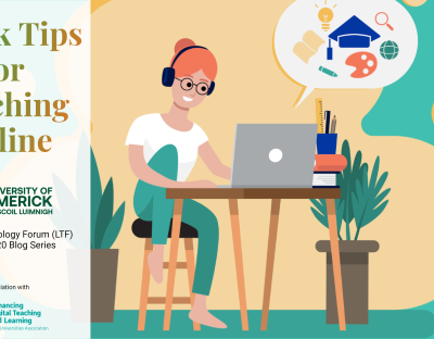 Graphic representing the Quick Tips for Teaching Online blog series. The graphic shows a woman sitting at a computer engaging in online learning.
