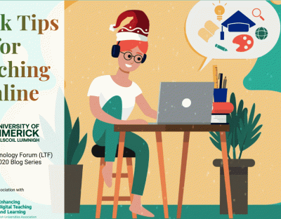 Graphic representing a Christmas version of the Quick Tips for Teaching Online blog series. The graphic shows a woman sitting at a computer wearing a red Santa hat engaging in online learning with snow lightly falling around her.