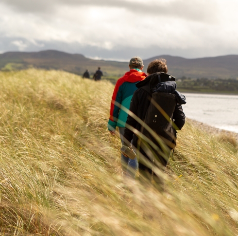A photograph of two people walking along the seaside surrounded by tall grass.
