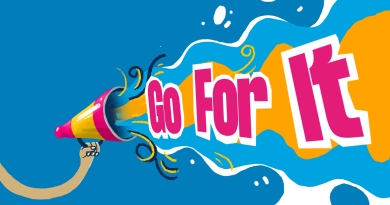 illustration of hand holding megaphone with the text 'Go for it'