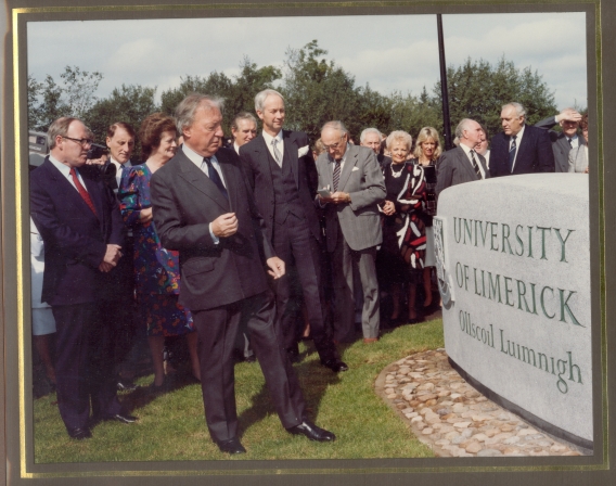 1982-91: Taoiseach Charles J. Haughey examining the name stone which he had unveiled minutes before on 14. Sept. 1989. In the background from left are John Daly, Mary O’Rourke, minister for Education, and Edward Walsh. 