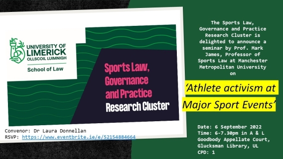 Image has the title Athlete activism at major sports events. Taking place 6th September at 6pm in the Appellate Court UL 
