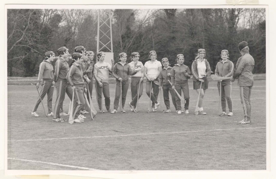 1972-81: Physical education class on the playing field at the National College of Physical Education taught by Dave Weldrick (holding the ball). 
