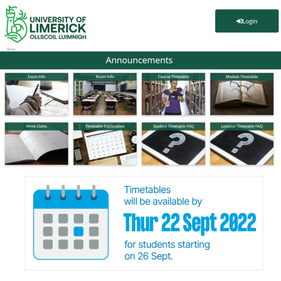 Screenshot of UL timetable website, and personal timetables will be available on 22 September for students starting on 26 September.