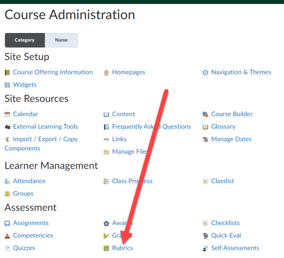 Screenshot showing where to click Rubrics from the Course Admin menu