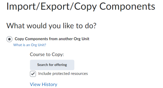 Screenshot of Import/Export/Copy Components showing the Copy Components from another Org Unit option