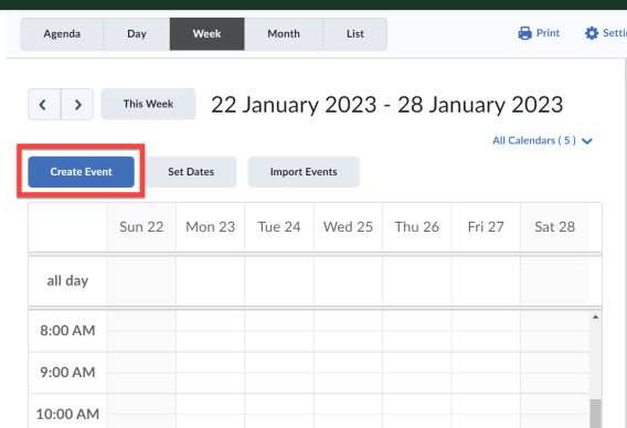 Screenshot of Create event button in the Brightspace calendar