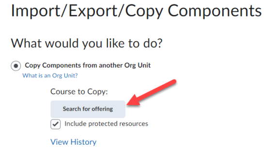 Screenshot of Import/Export/Copy Components showing the Search for offering button