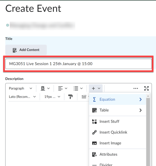 Screenshot of Create event in the Brightspace calendar dispalying the name