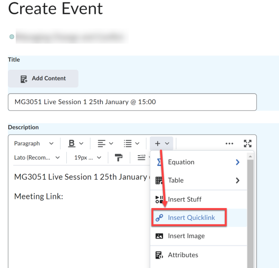Screenshot of calendar event showing Quicklink option