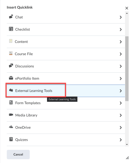 Screenshot of External Learning Tools within Quicklinks