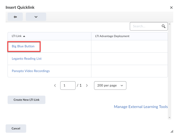 Screenshot of the Big Blue Button option within the External Learning Tools menu