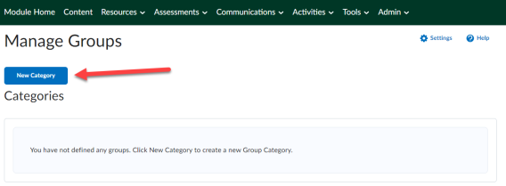 Screenshot of Manage Groups page with an arrow highlighting the blue New Category button