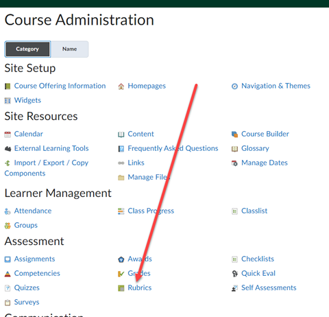 Screenshot of Brightspace Course Admin menu with a red arrow pointing to the Rubrics option.