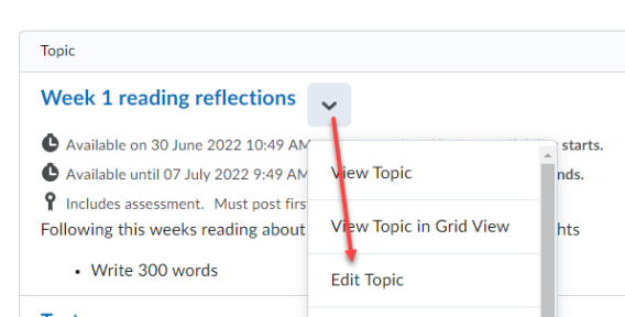 Screenshot of a discussion topic in Brightspace with the dropdown menu expanded and a red arrow pointing to Edit Topic