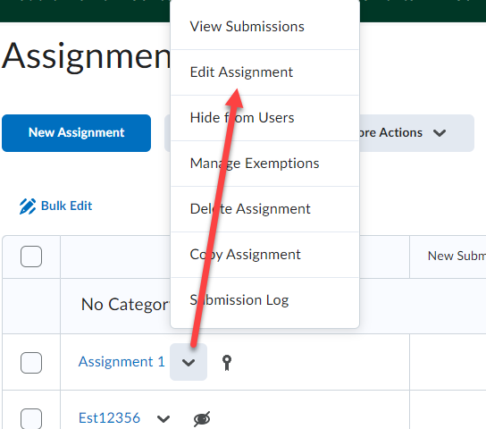 Screenshot of Assignments menu, with the dropdown menu expanded from an assignment in the list. A red arrow points to the Edit Assignment option. 
