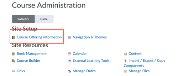 Screenshot of Course Admin menu with the Course Offering Information option highlighted